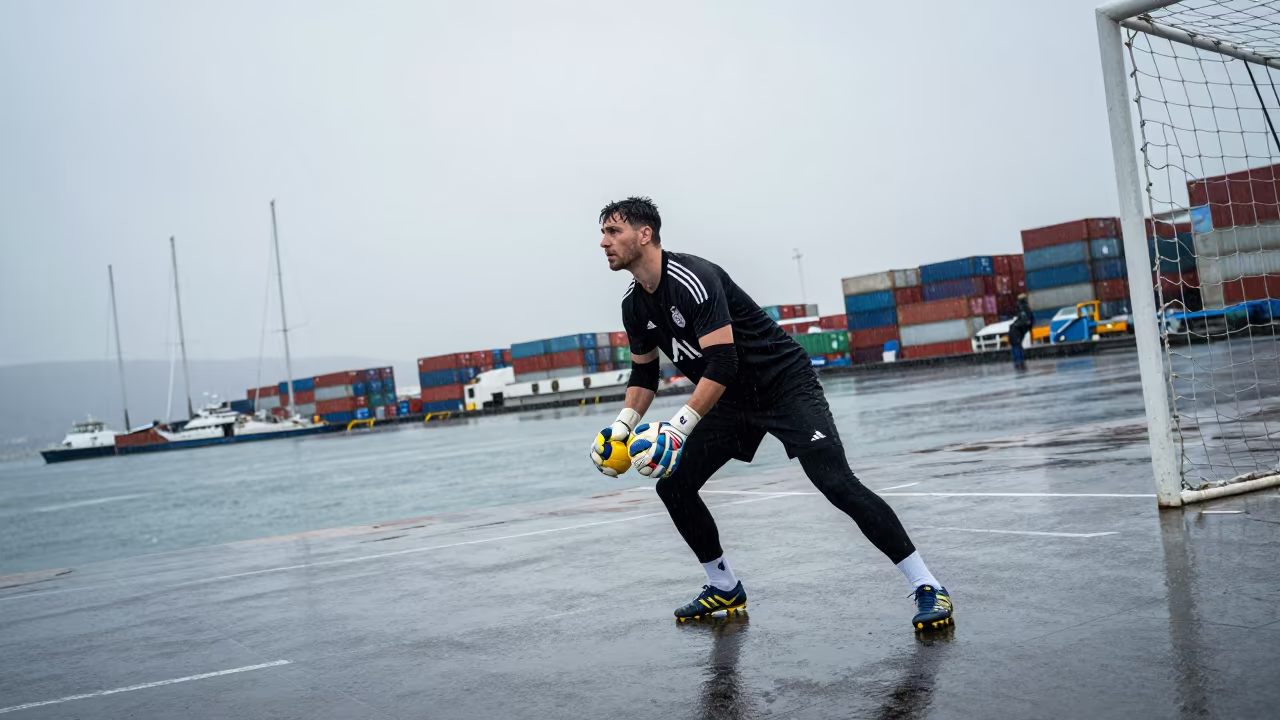 Goalkeeper Warmup Under Monsoon Rain at Izmir Quay in at a harbor quay near Izmir