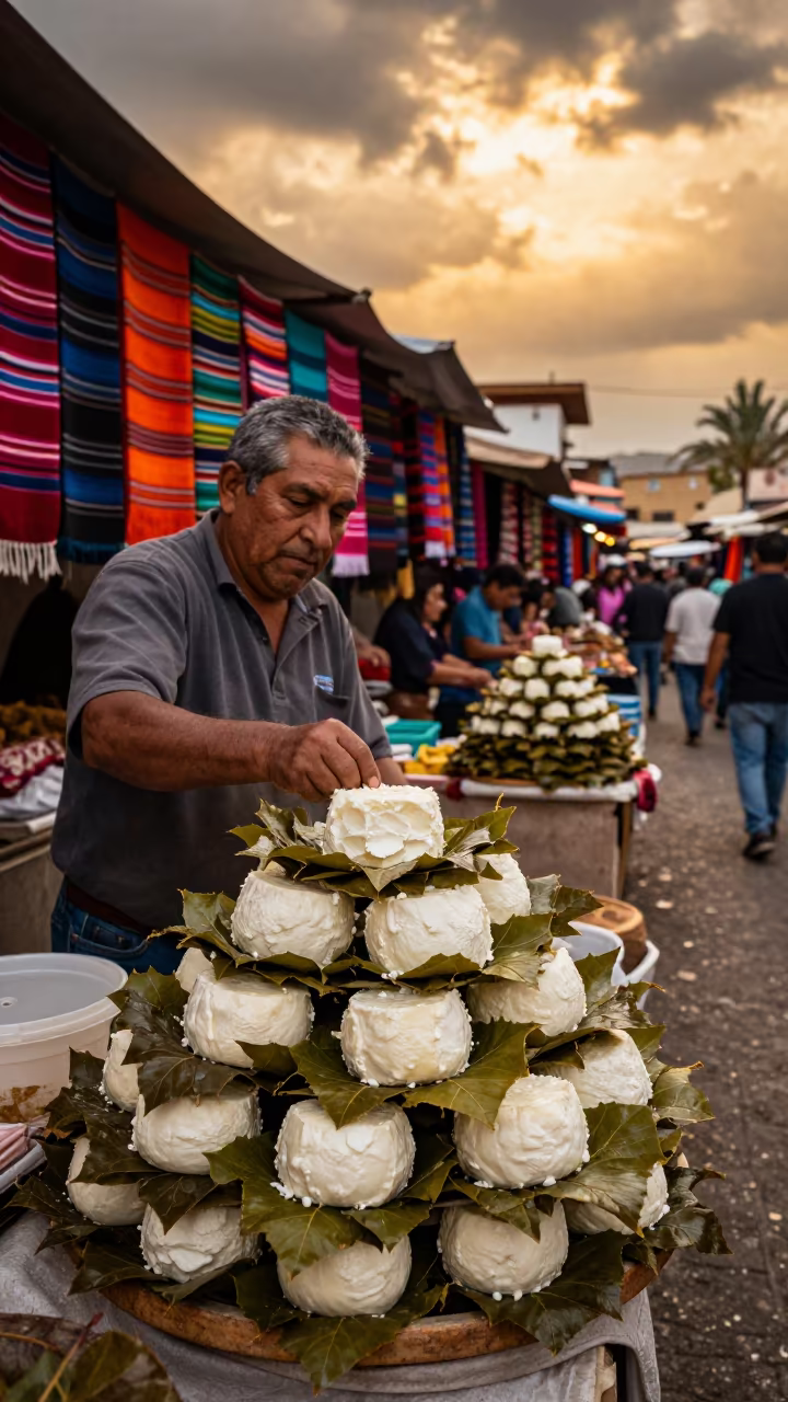 Goat Cheese Stacks on Leaves at Tijuana Market in at a textile trader's stall in Tijuana