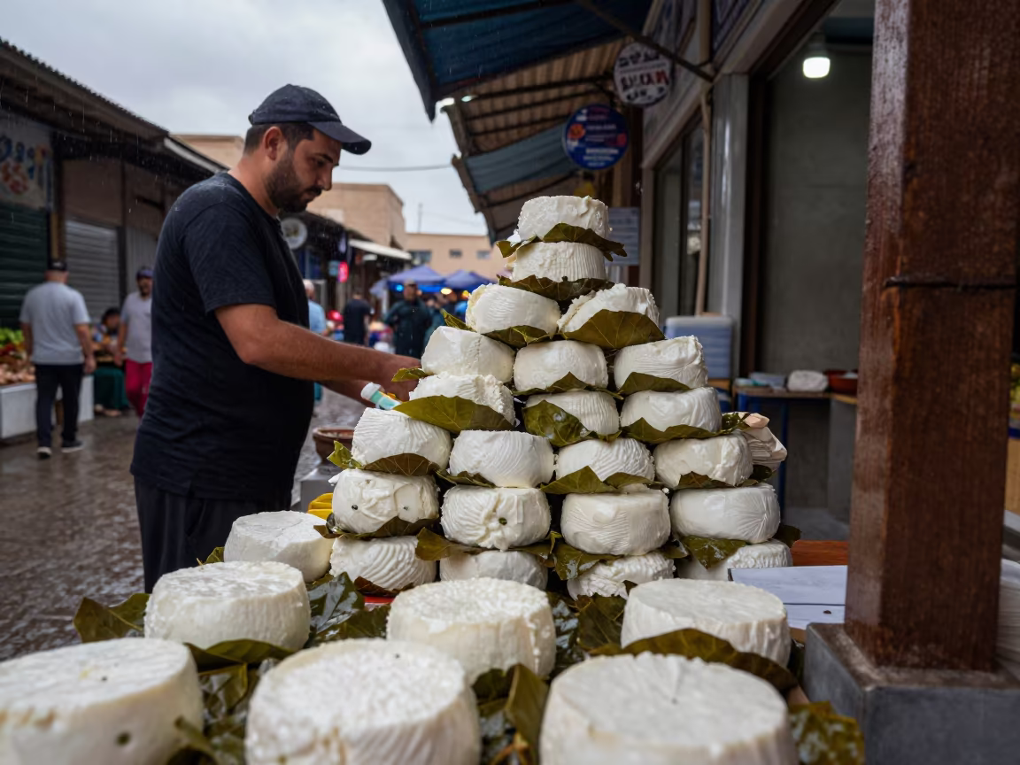 Goat Cheese Stacks on Vine Leaves in in a covered bazaar aisle in Ashgabat