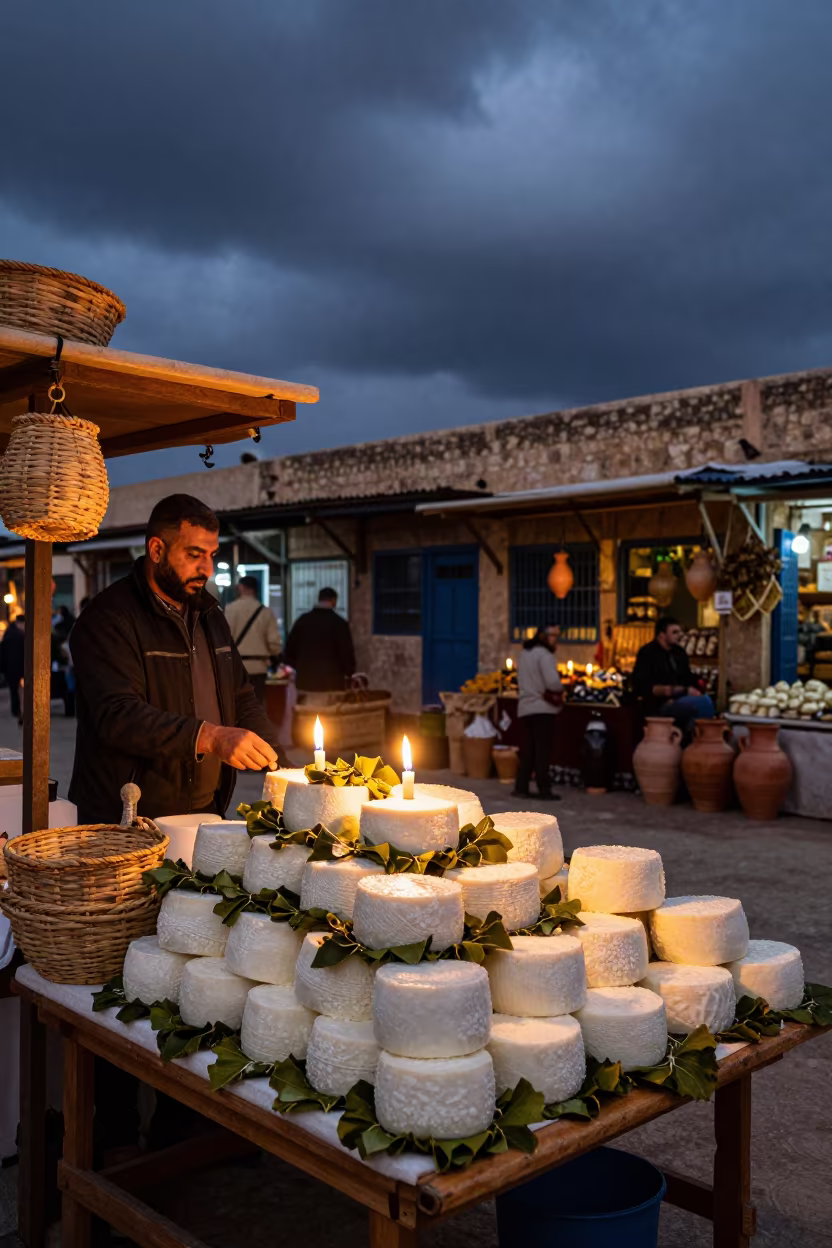 Goat Cheese Vendor Stacking in Fez Night Market in in a covered bazaar aisle in Fez el-Jdid, Fez