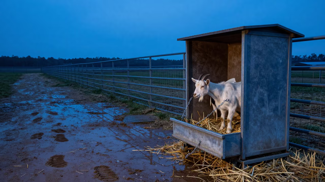Goat Feeder Chain Drawer with Boot Prints in inside a ranch corral in Georgia