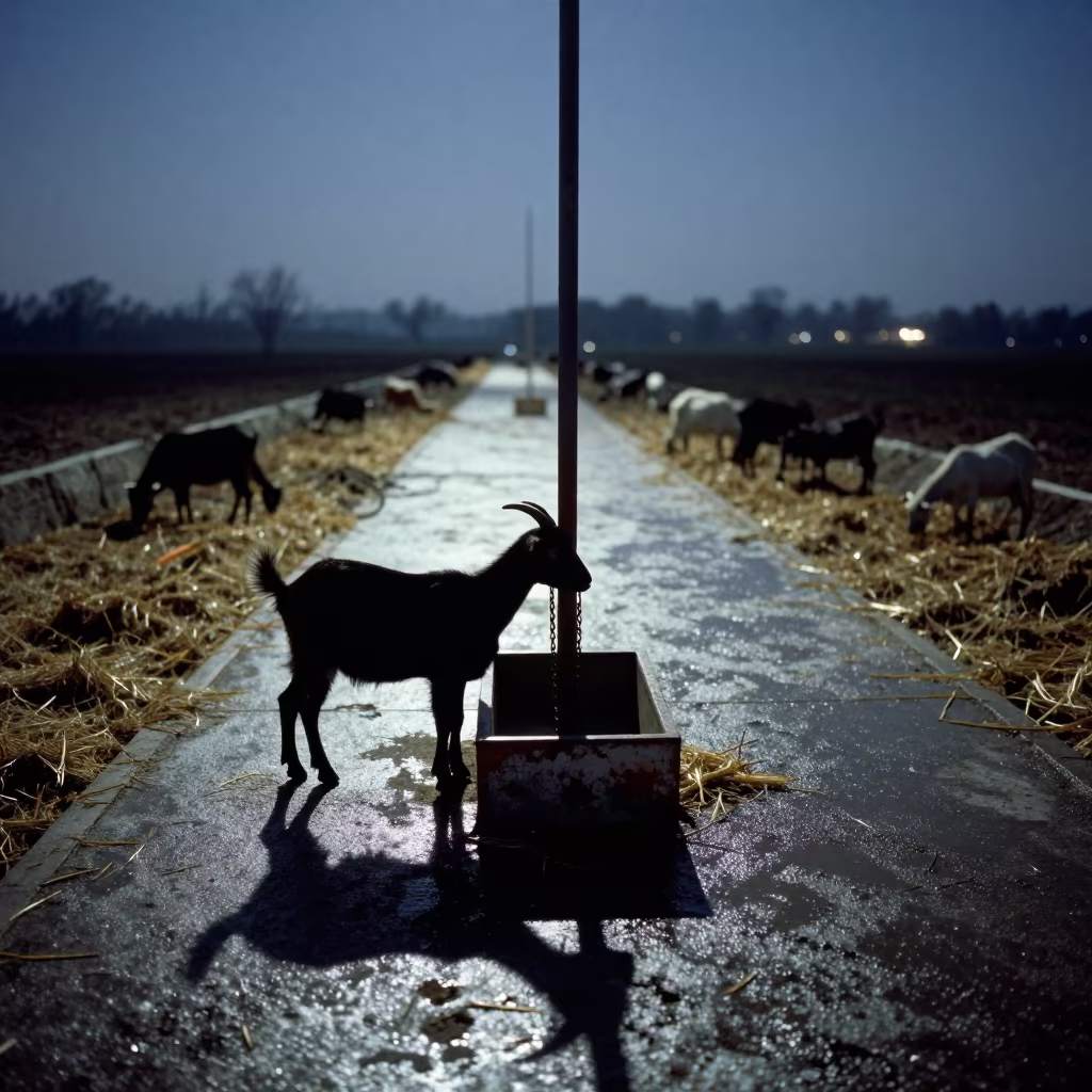Goat Feeder Chain Silhouette Under Midnight Starlight in along a feedlot lane in Uttarakhand