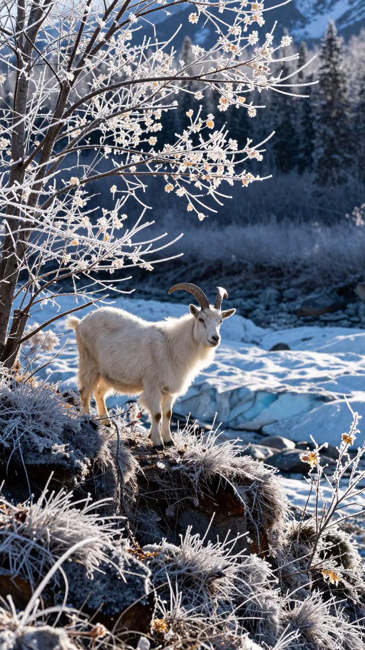 Goat on Frosty Yukon Hillside Stream in above a glacial stream in Yukon