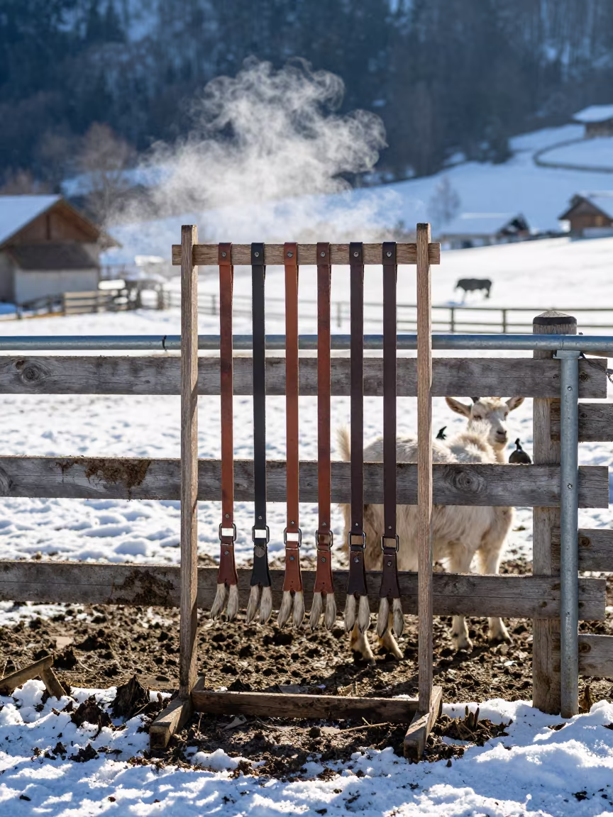 Goat Hoof Stand Strap Rack Winter Fence Tyrol in along a muddy paddock fence in Tyrol