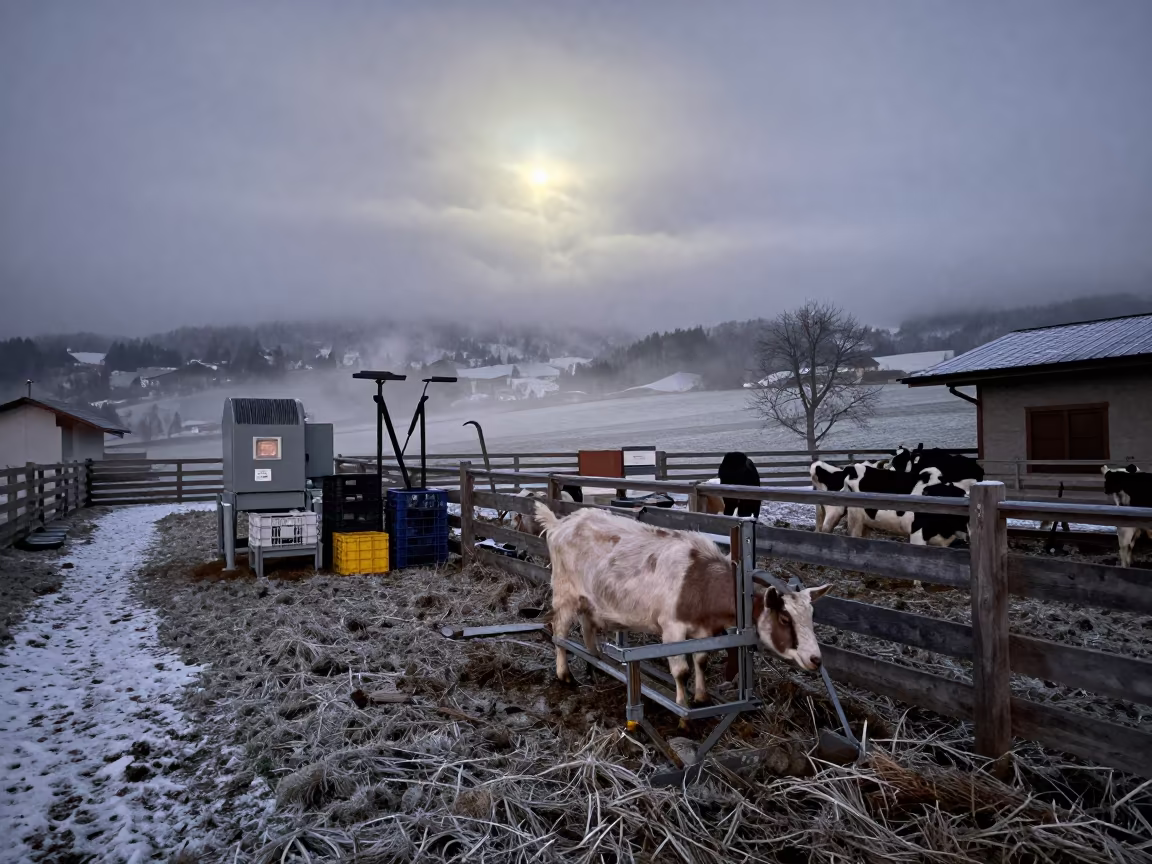 Goat Hoof Stand in Swiss Winter Dawn in inside a ranch corral in Switzerland