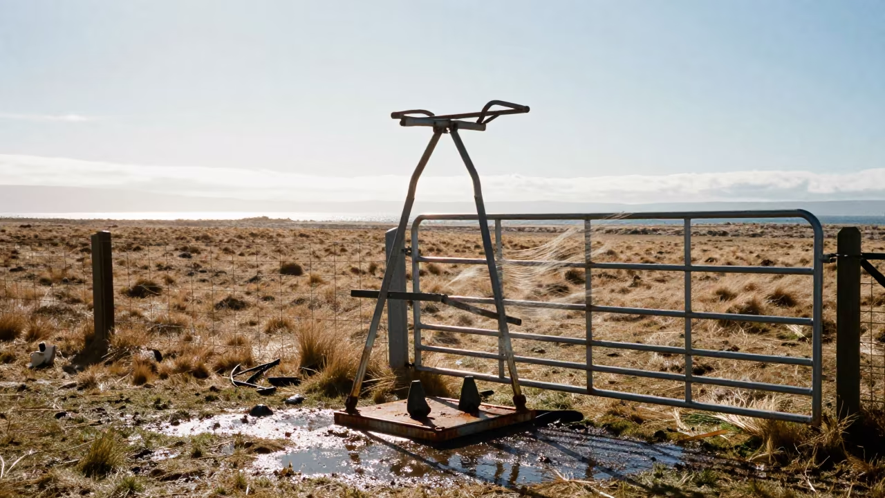 Goat Hoof Trim Stand After Washdown in Patagonia in beside a pasture gate in Patagonia