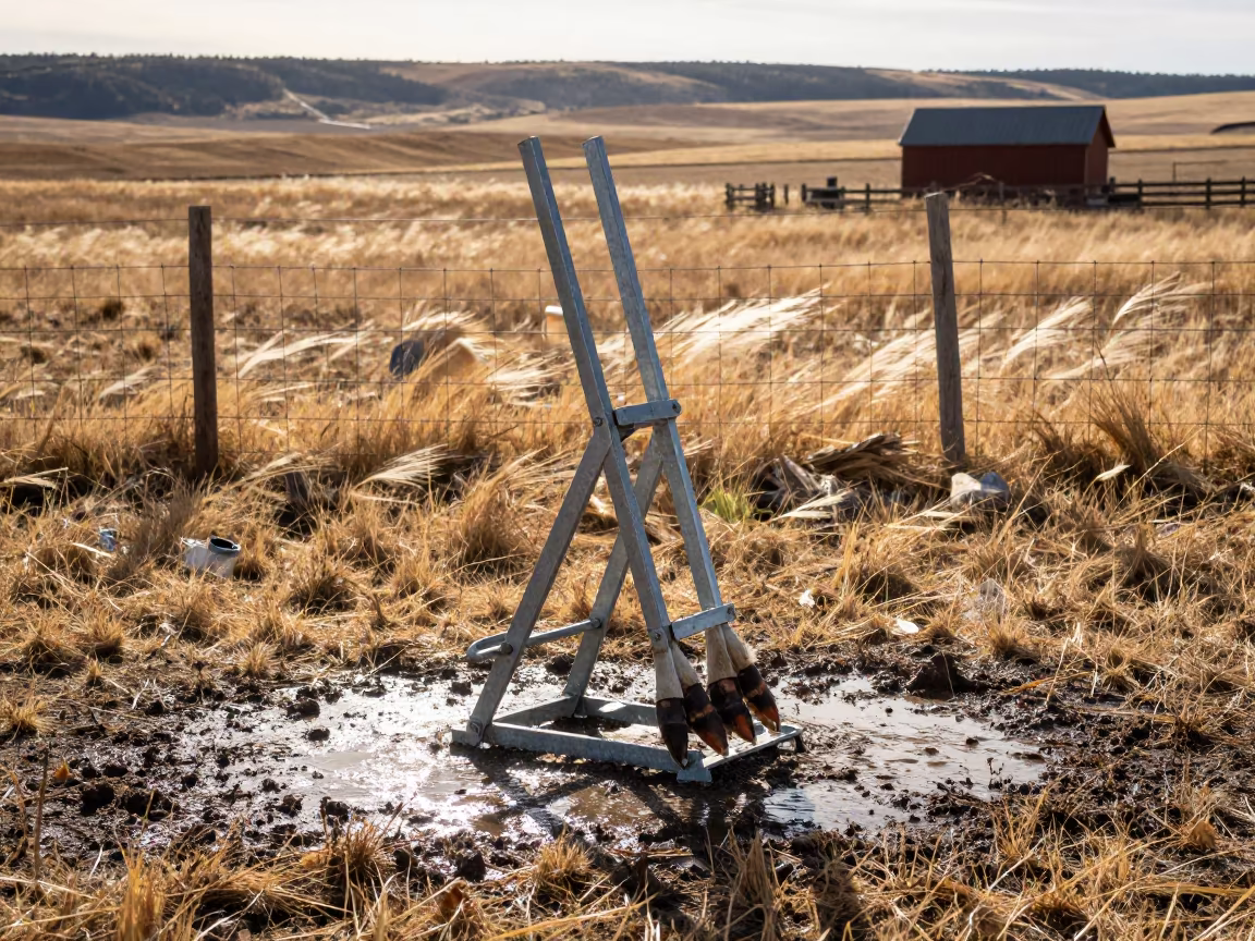 Goat Hoof Trim Stand After Washdown in along a muddy paddock fence in Colorado