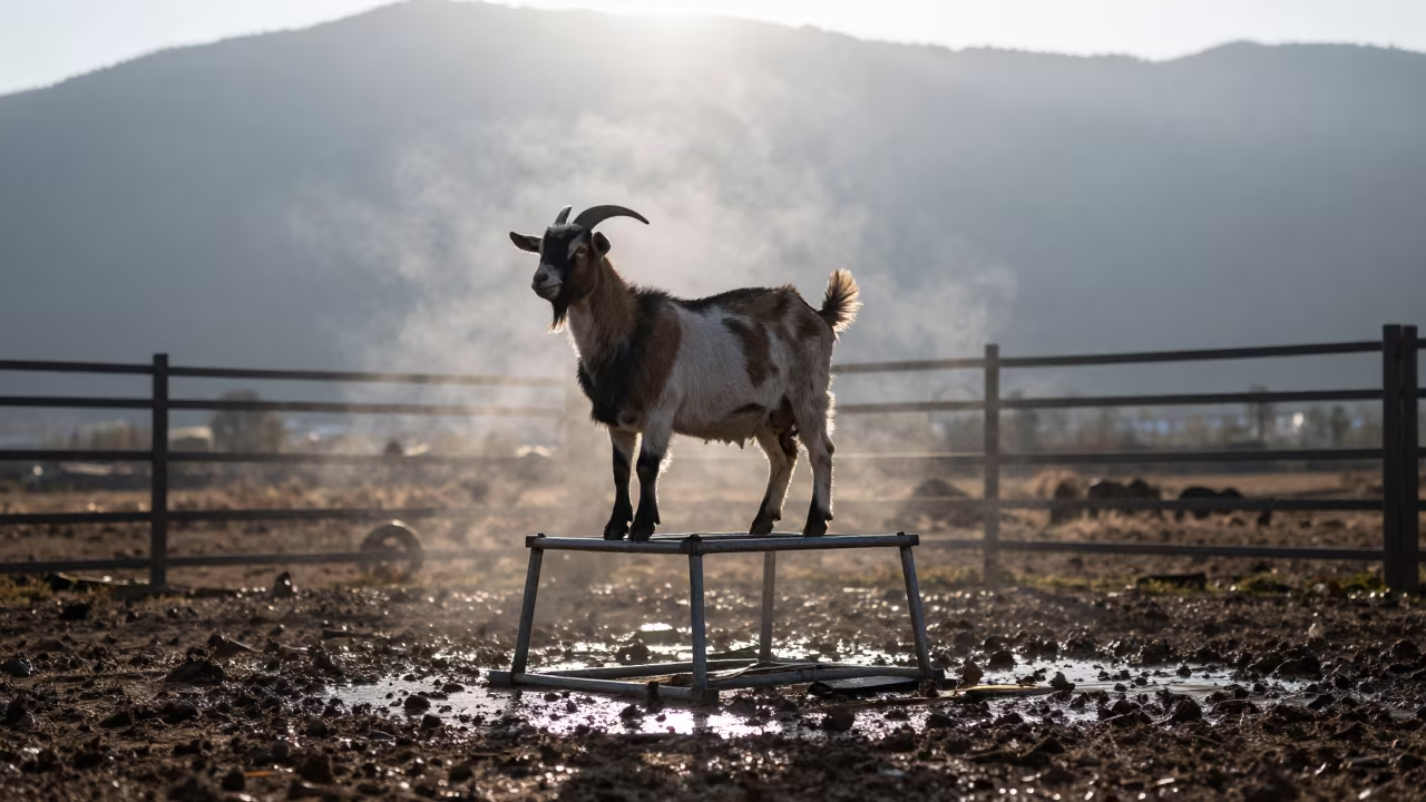 Goat Hoof Trim Stand Silhouette Dawn Yunnan in along a muddy paddock fence in Yunnan