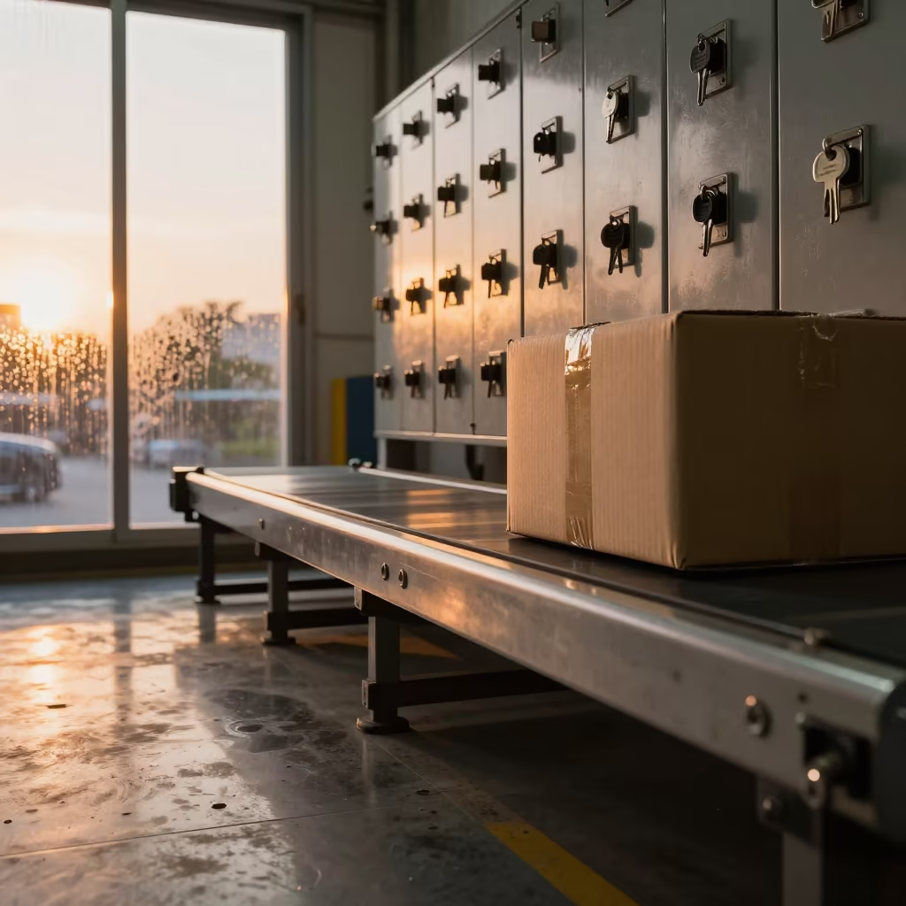 Goat Key Locker Sunset Sorting Belt Thu Thiem in at a parcel sorting belt in Thu Thiem, Ho Chi Minh City