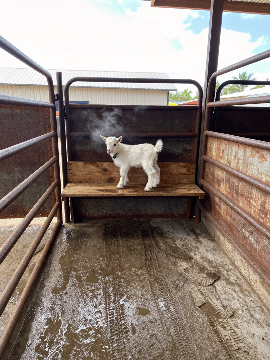 Goat Kidding Kit Shelf Wet Concrete Boot Prints Colorado in at a stockyard loading ramp in Colorado