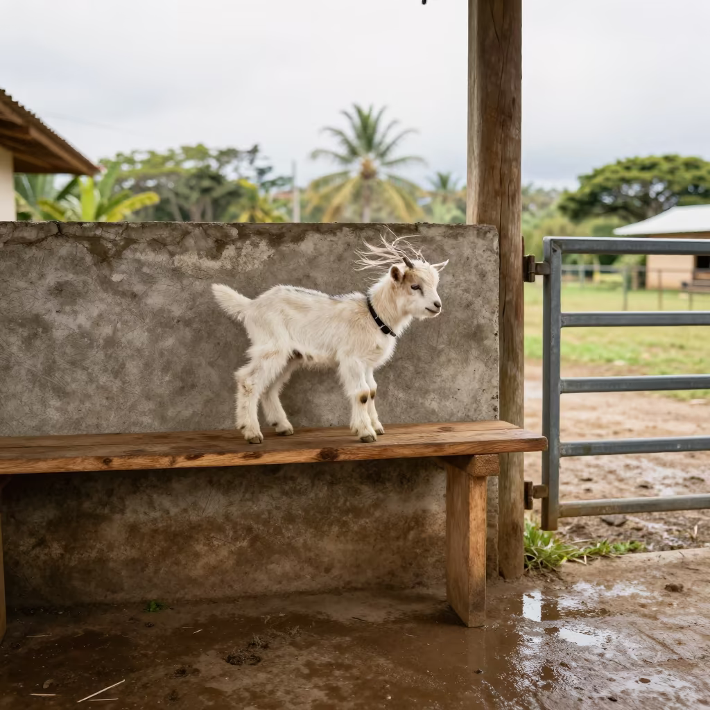 Goat Kidding Shelf Concrete Boot Prints Colombia in beside a pasture gate in Colombia