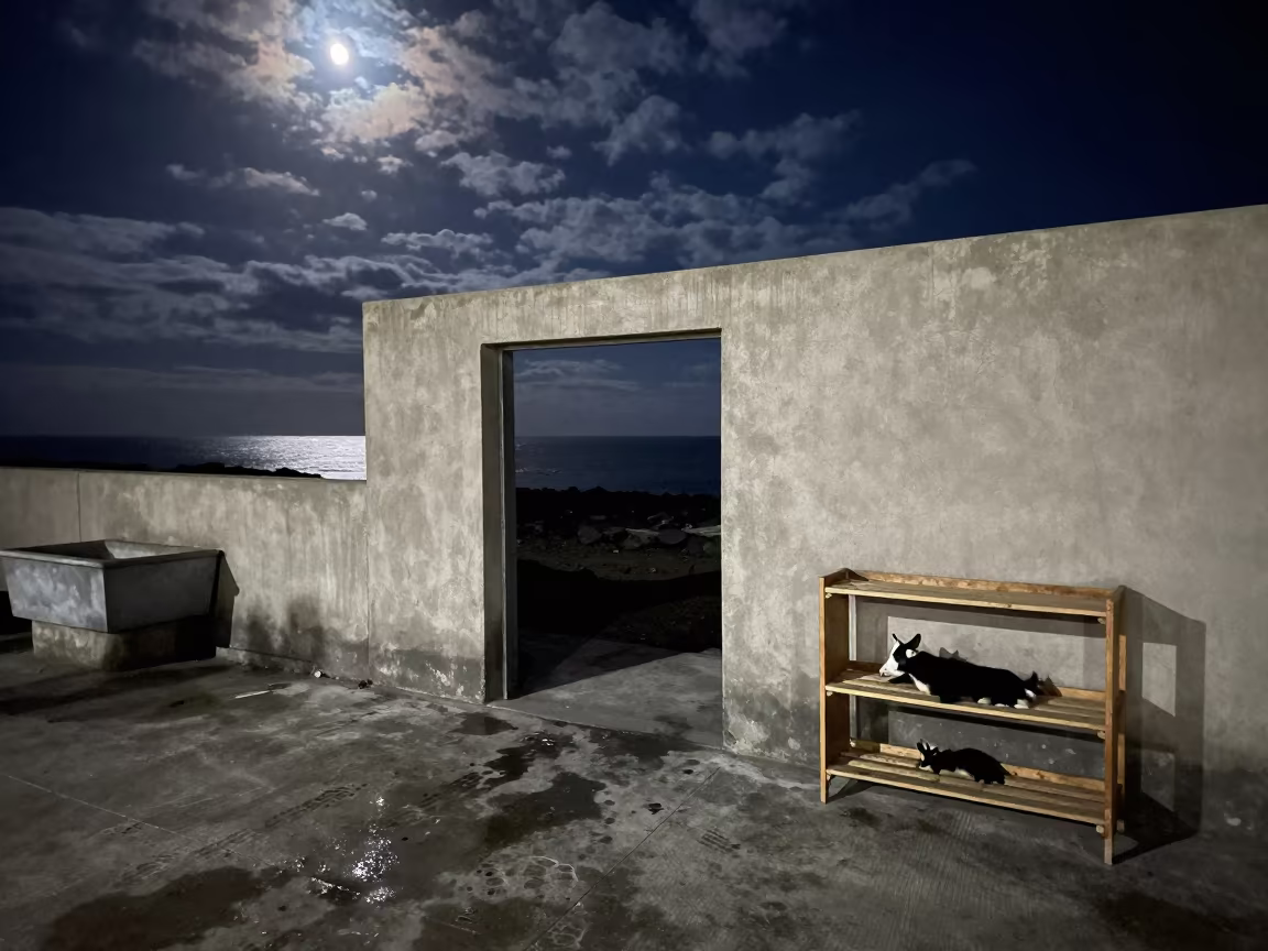 Goat Kidding Shelf Ocean Doorway Chile Night in near a windbreak and water trough in Chile