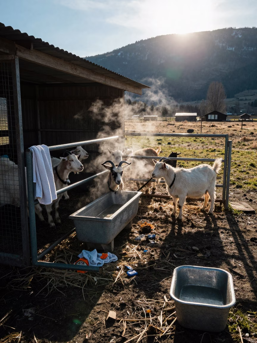 Goat Kidding Stall Before Sunrise in British Columbia in near a windbreak and water trough in British Columbia