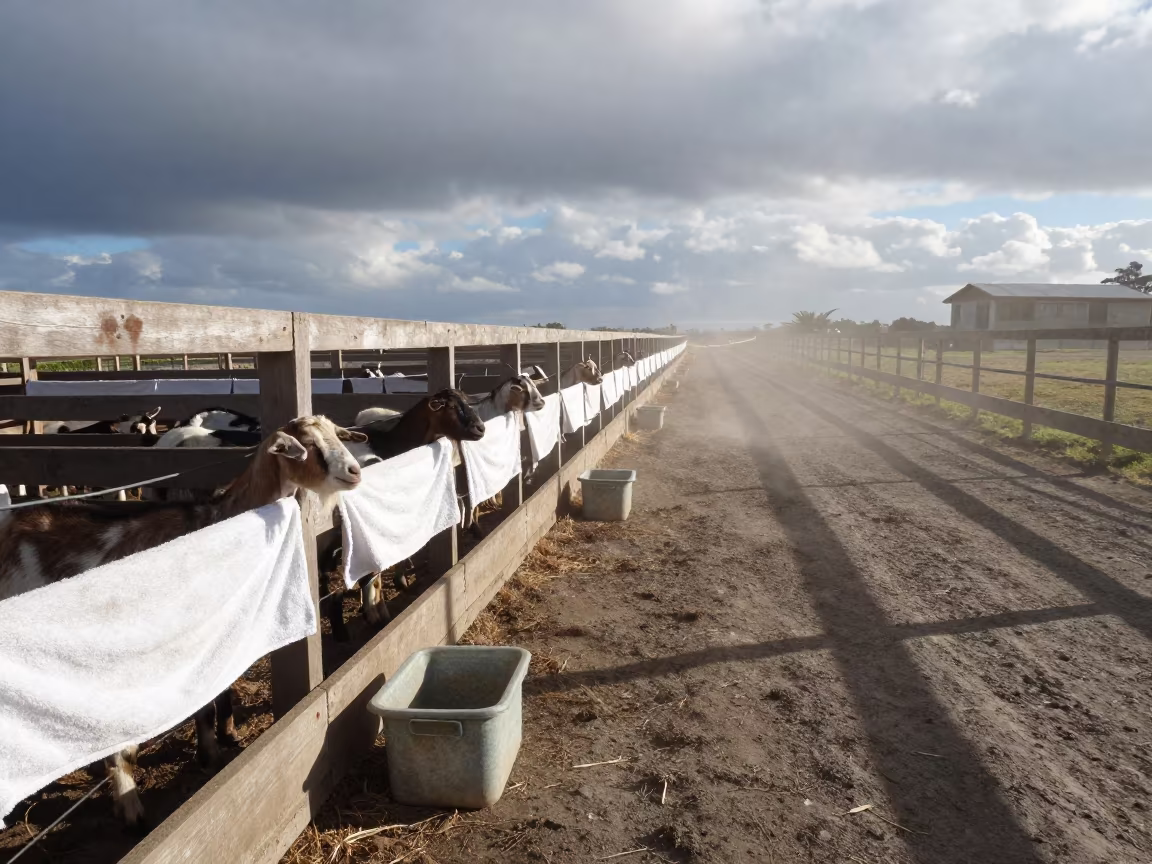 Goat Kidding Stall with Towels in Ecuador Feedlot in along a feedlot lane in Ecuador