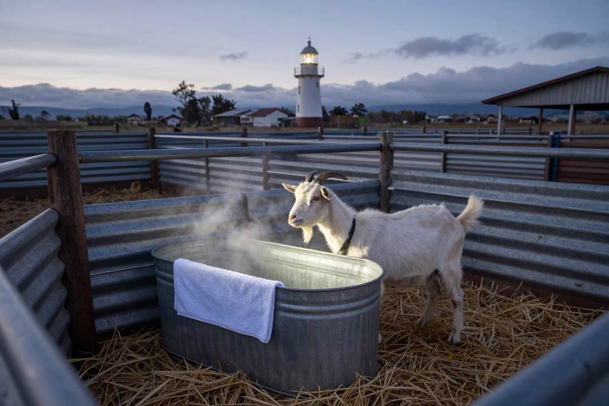 Goat Kidding Stall Towels Tub Dawn Ecuador in inside a ranch corral in Ecuador