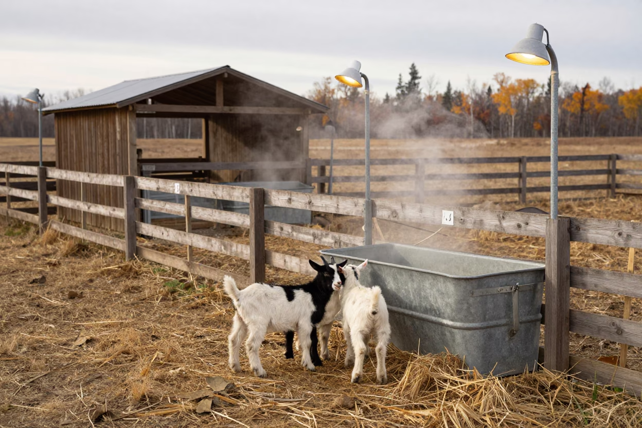 Goat Kids Near Heat Lamps Autumn Canada in near a windbreak and water trough in Canada