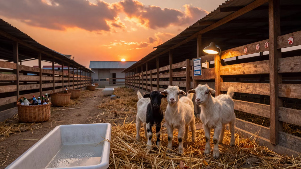 Goat Kids Near Heat Lamps Autumn Sunset in along a feedlot lane in Himachal Pradesh
