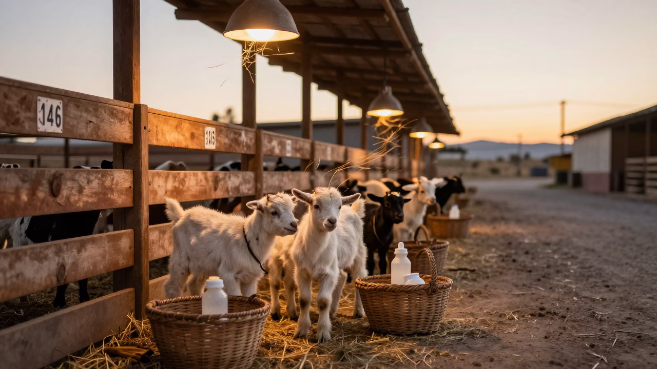 Goat Kids Near Heat Lamps in Bolivian Feedlot in along a feedlot lane in Bolivia