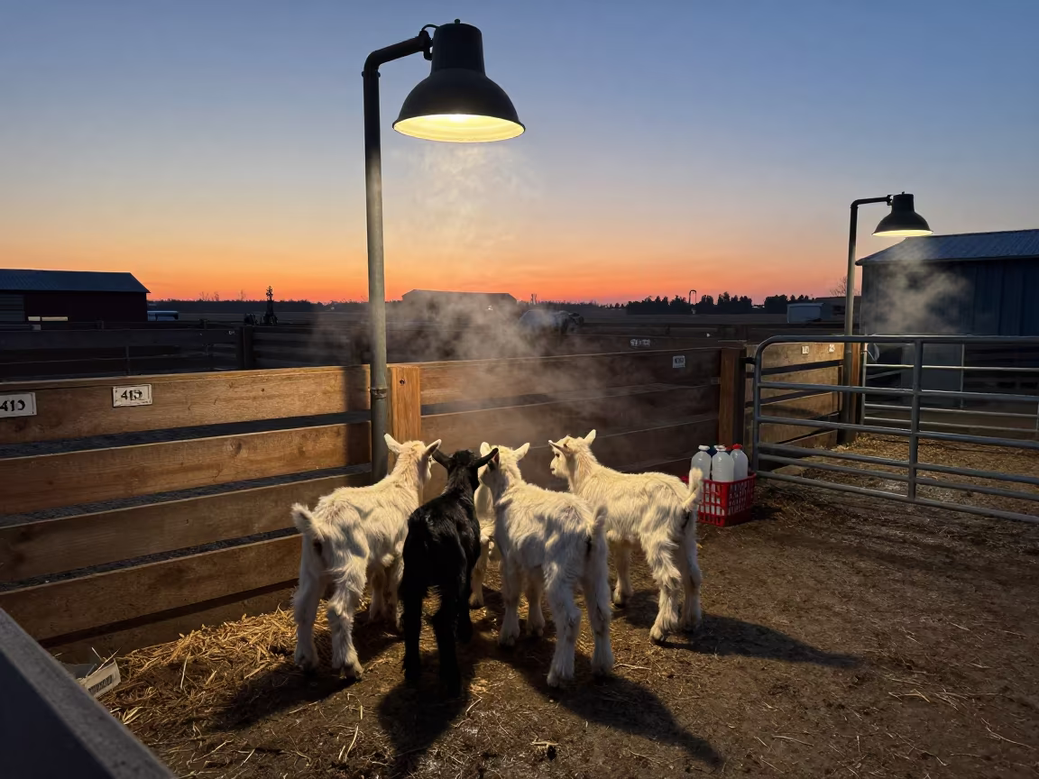 Goat Kids Near Heat Lamps in Canadian Ranch in inside a ranch corral in Canada