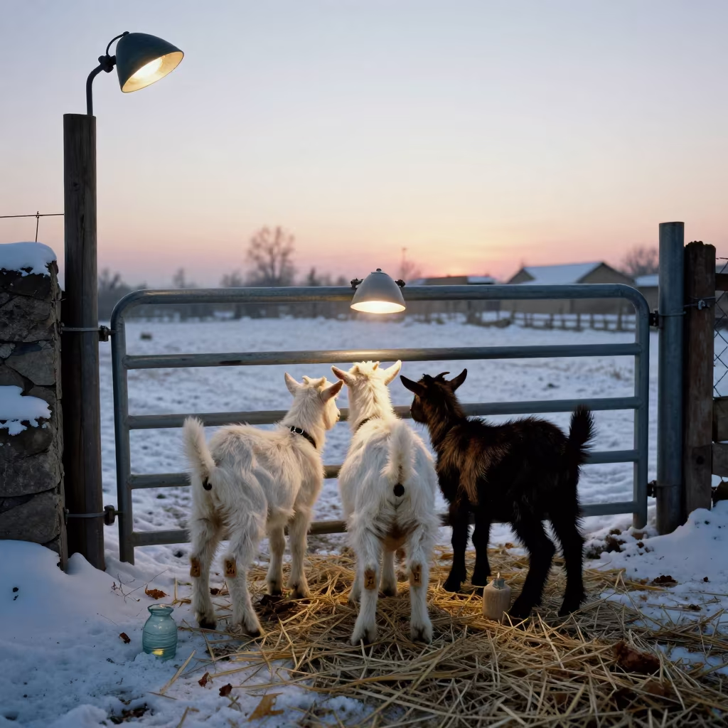 Goat Kids Under Heat Lamps in Kashmir Snow in beside a pasture gate in Kashmir