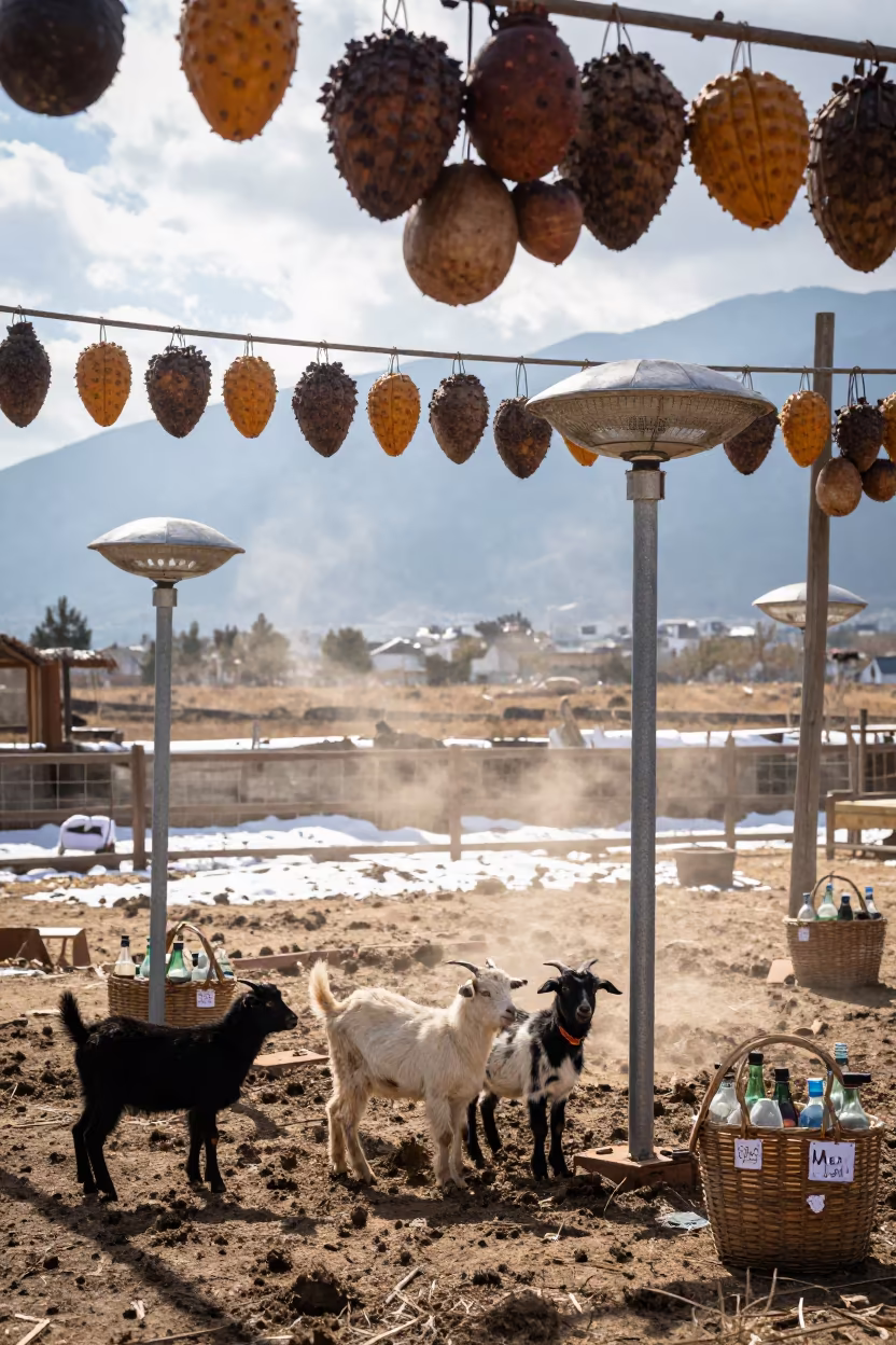 Goat Kids Under Heat Lamps in Drifting Snow in along a muddy paddock fence in Yunnan
