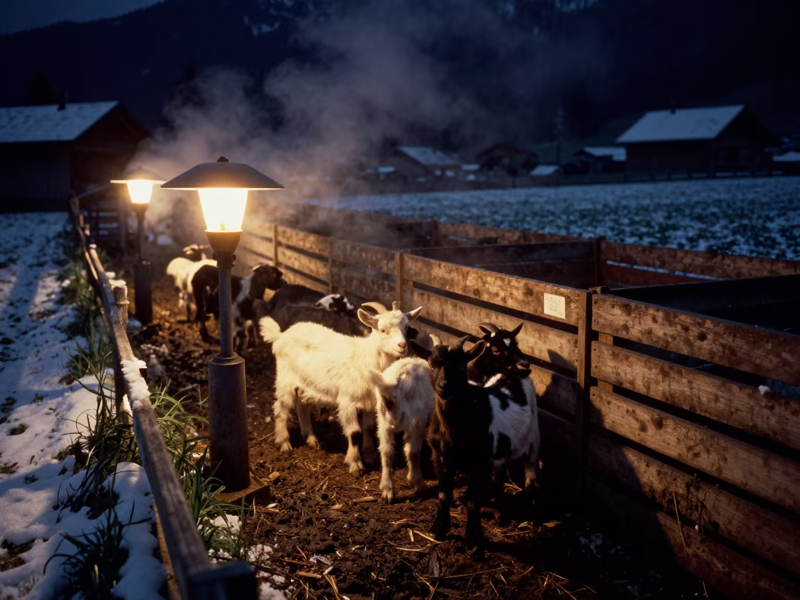 Goat Kids Near Heat Lamps in Tyrolean Night Snow in along a muddy paddock fence in Tyrol