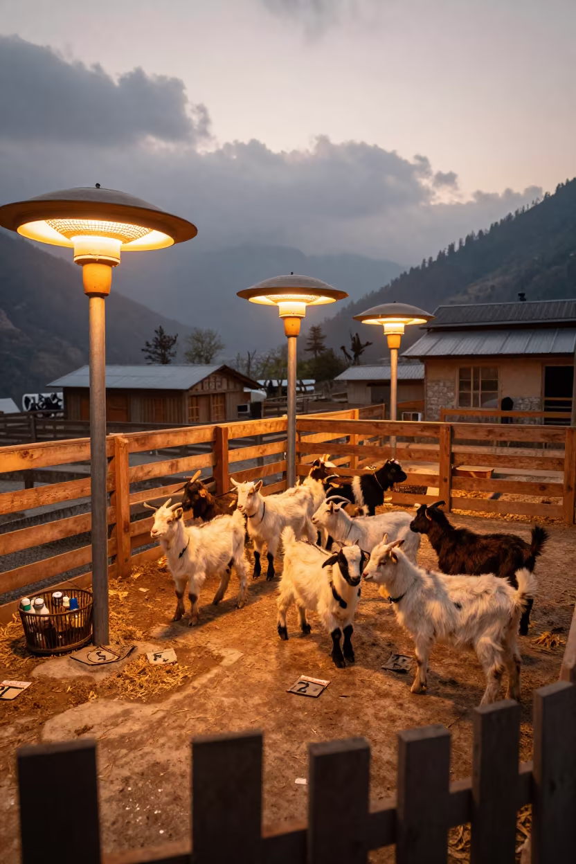 Goat Kids Under Heat Lamps in Uttarakhand Corral in inside a ranch corral in Uttarakhand