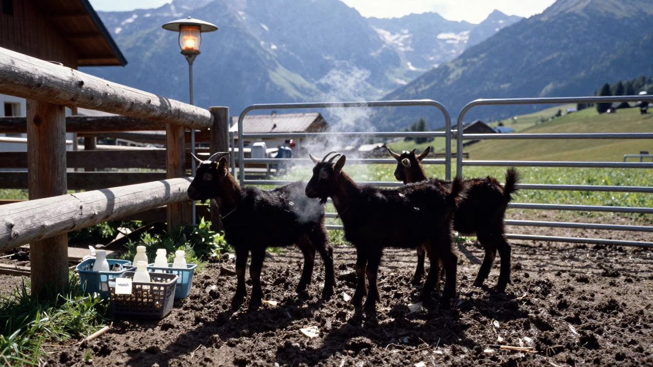 Goat Kids Silhouetted Against Tyrolean Midmorning Light in along a muddy paddock fence in Tyrol