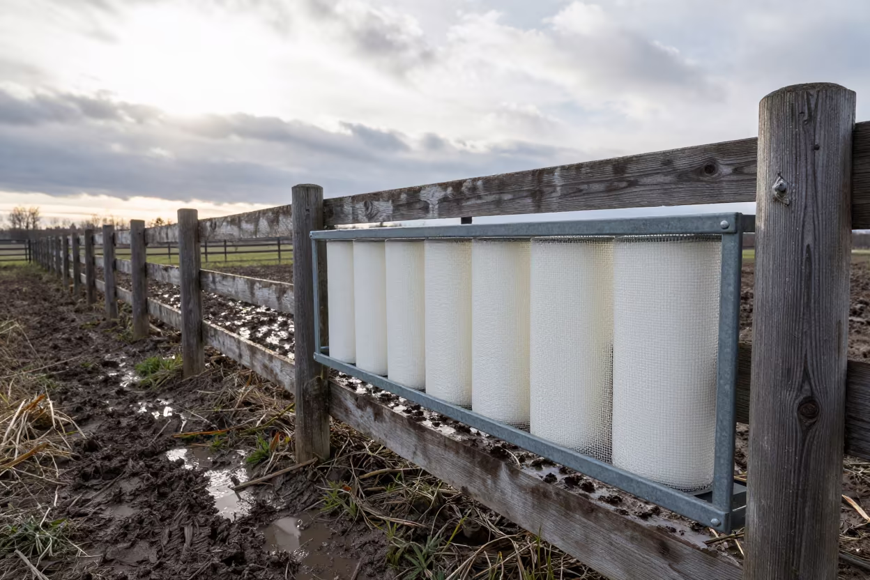 Goat Milk Filter Shelf by Paddock Fence in along a muddy paddock fence in Canada