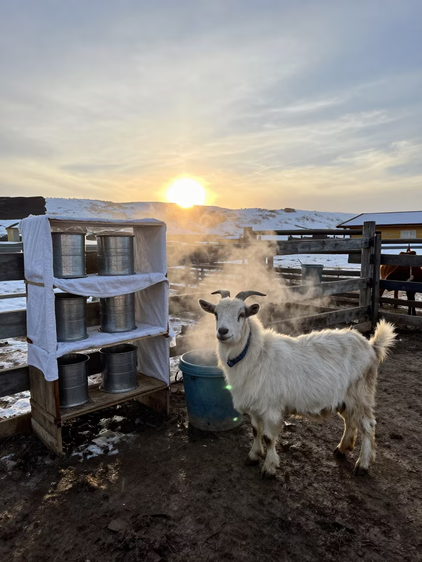 Goat Milk Filter Shelf Winter Peru in along a muddy paddock fence in Peru