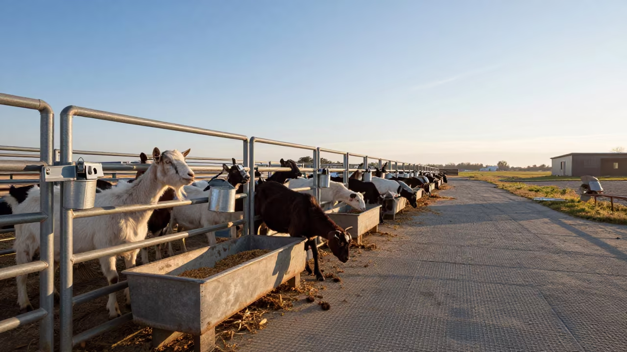 Goat Milking Line at Dawn in Canadian Ranch Corral in inside a ranch corral in Canada