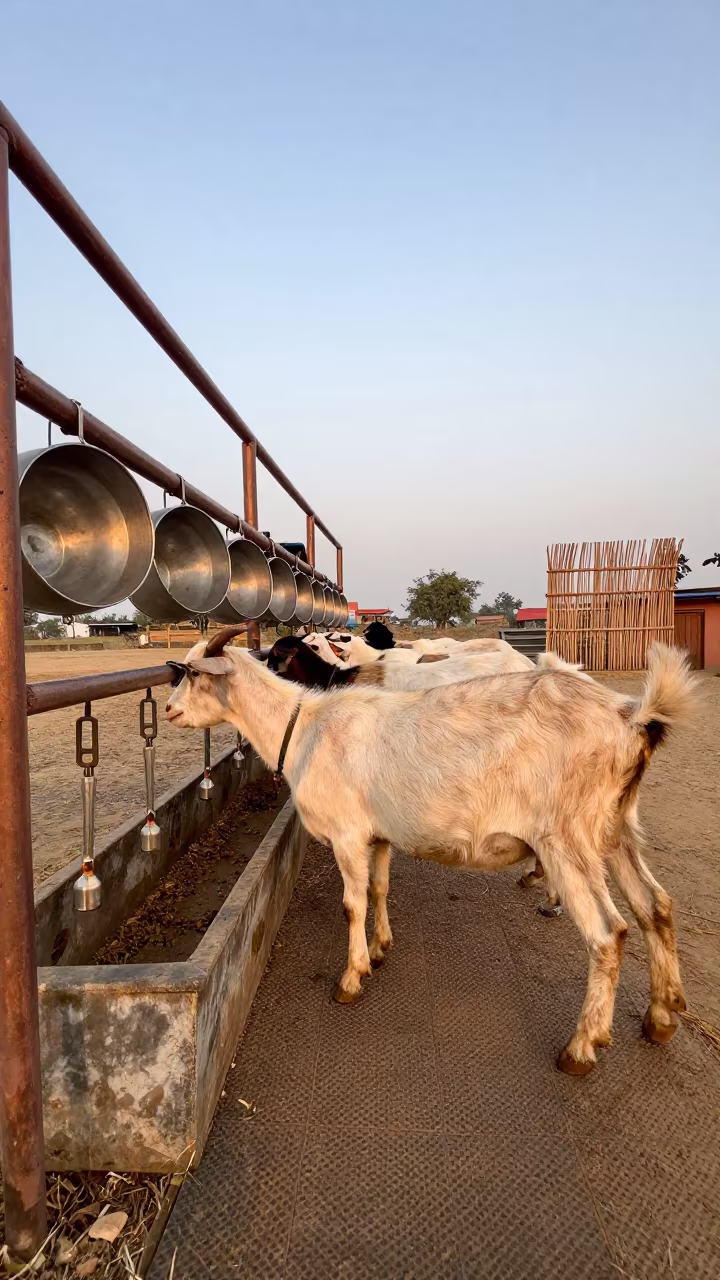 Goat Milking Line Nepal Dusk in near a windbreak and water trough in Nepal