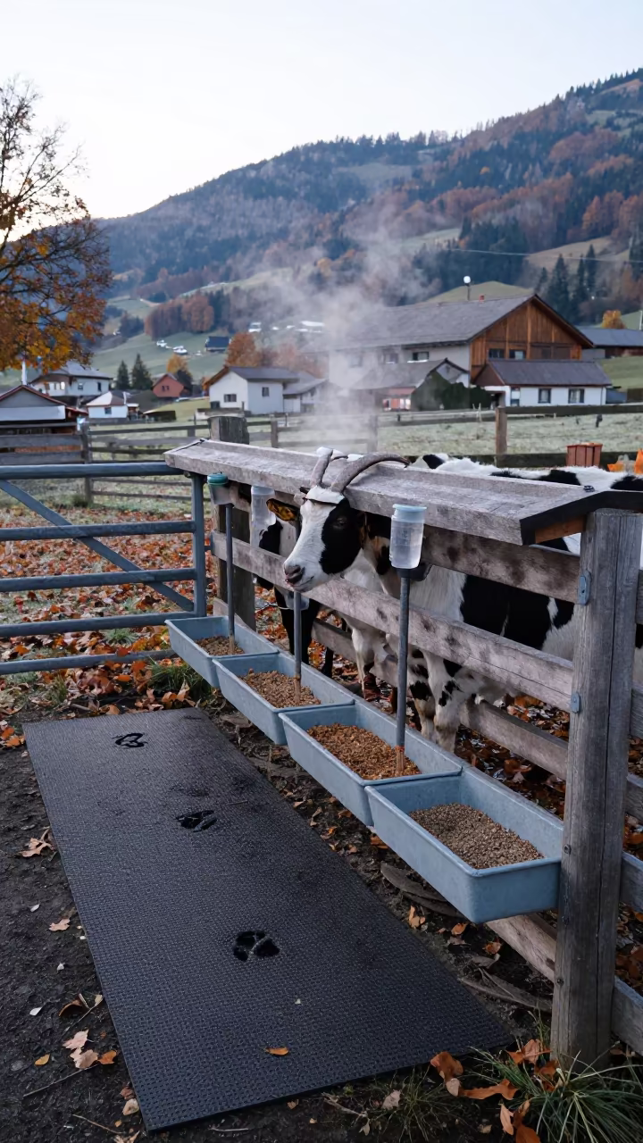 Goat Milking Stand Autumn Dawn Switzerland in beside a pasture gate in Switzerland