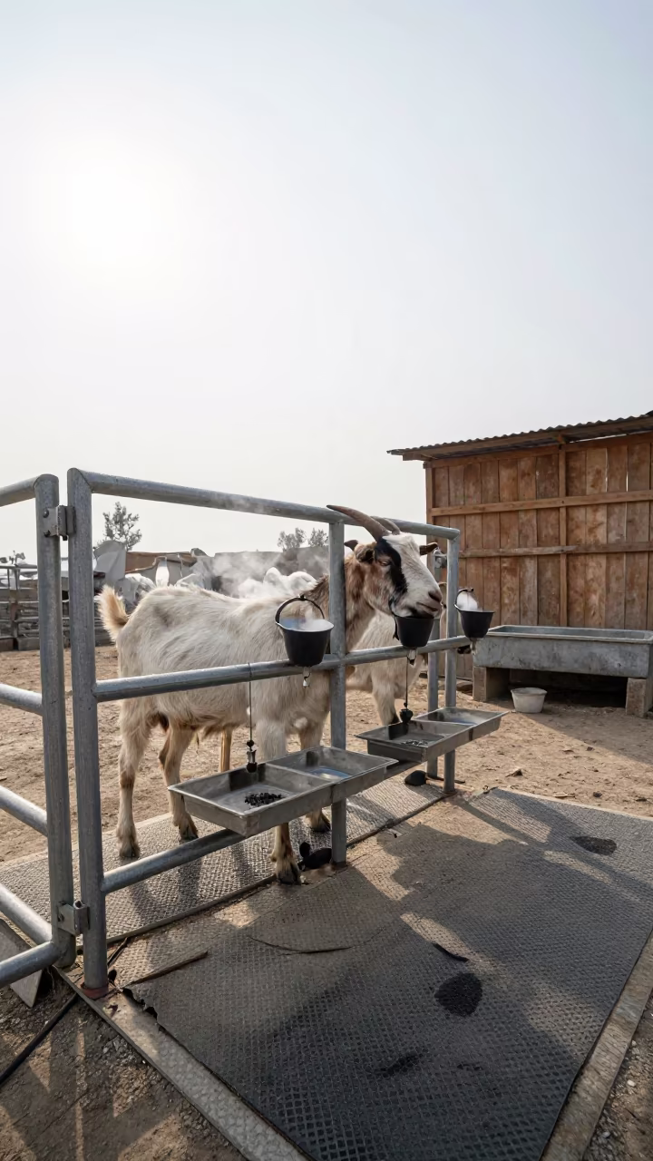 Goat Milking Stand in Himachal Pradesh in near a windbreak and water trough in Himachal Pradesh