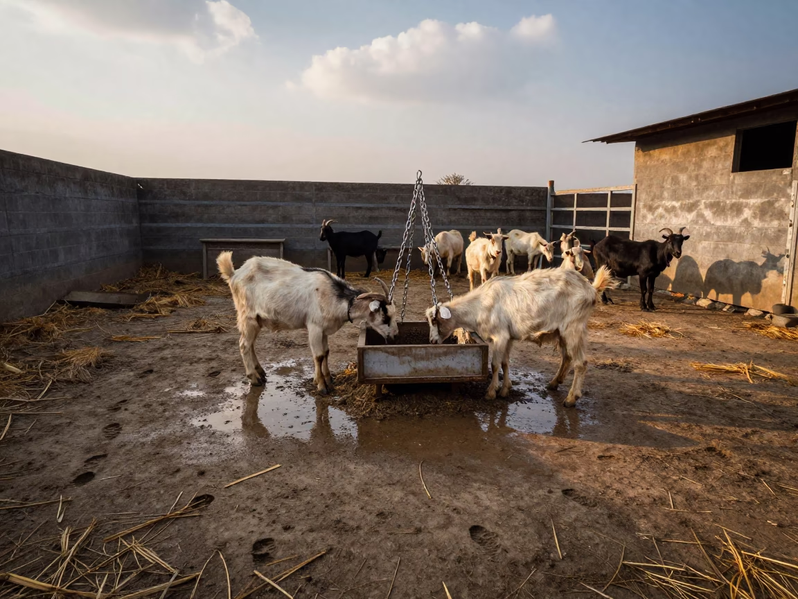 Goat Mineral Feeder with Boot Prints in Himachal Corral in inside a ranch corral in Himachal Pradesh
