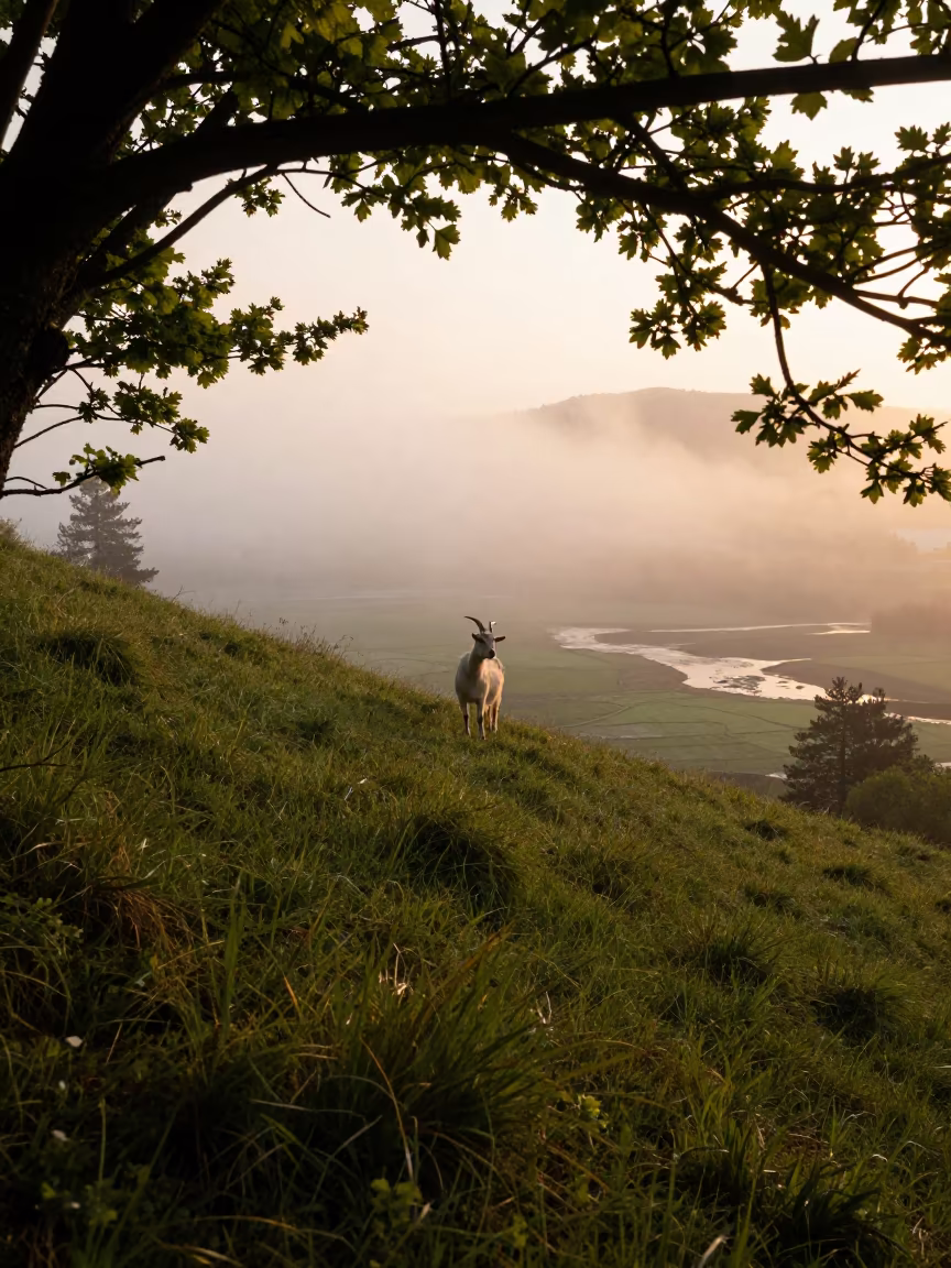 Goat on Misty Slovak Hillside at Golden Hour in beside a tidal inlet in Slovakia