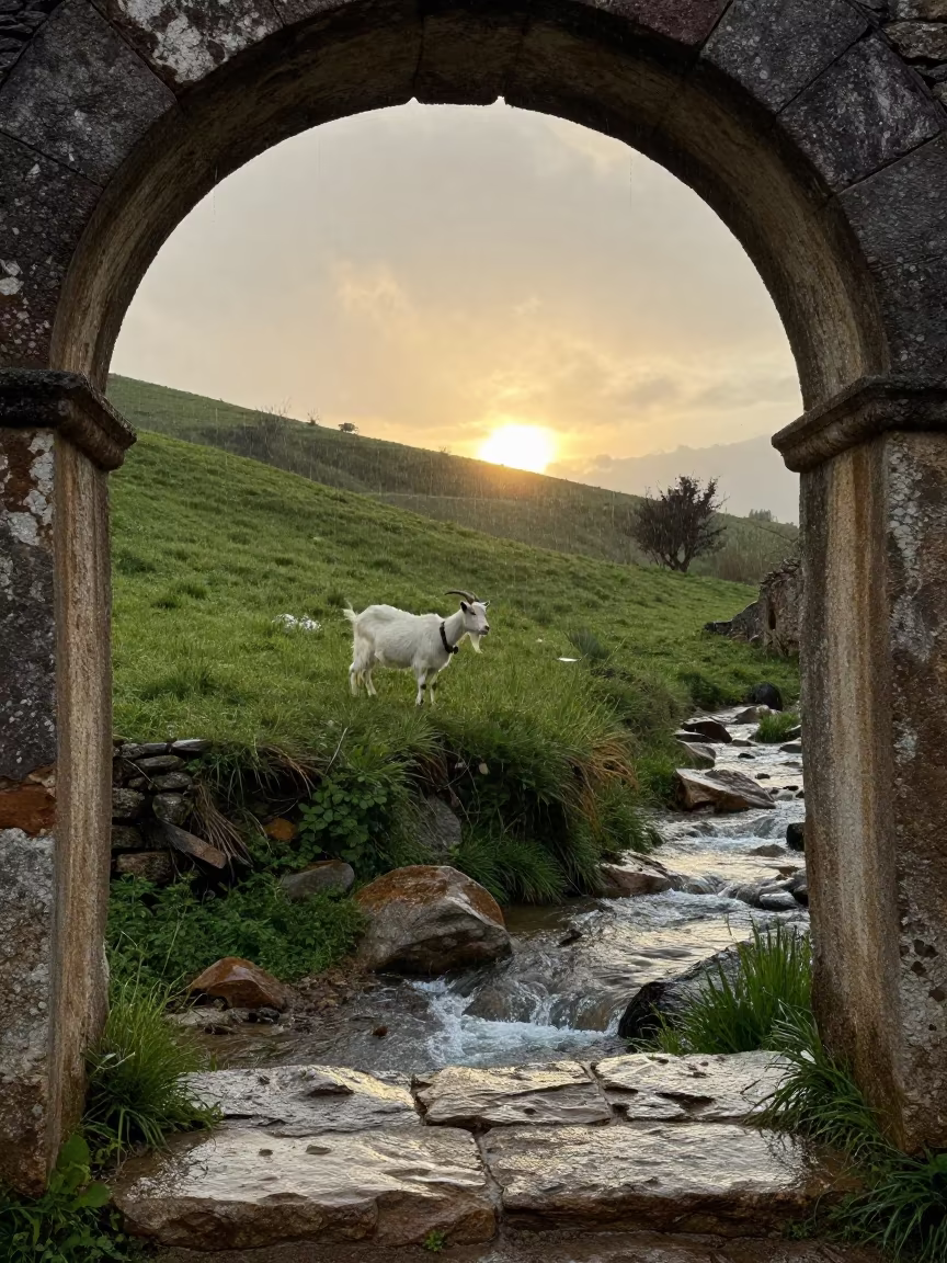 Goat on Sicilian Hillside in Spring Rain in above a glacial stream in Sicily