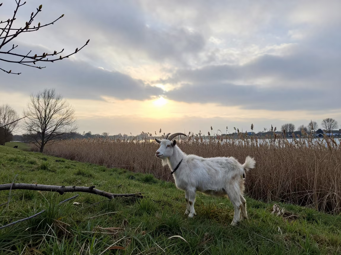 Goat on Steep Hillside at Dawn Near Brussels in at the edge of a reed bed near Brussels