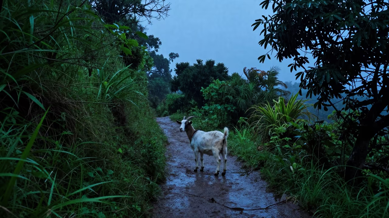 Goat on Steep Hillside in Steel-Blue Twilight in along a game trail near Minatitlán