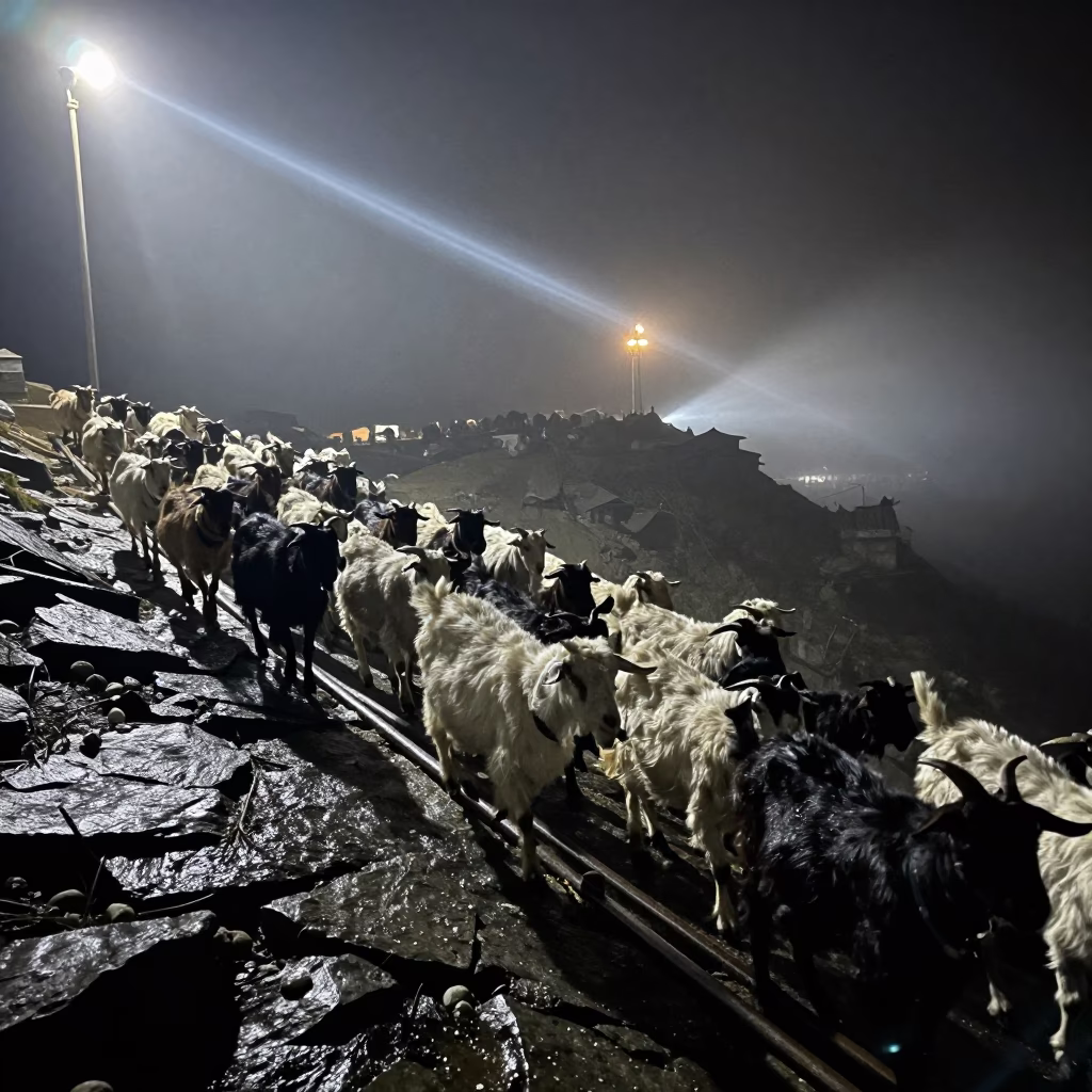 Goats Crossing Stony Pasture Under Lighthouse Light in at a stockyard loading ramp in Kashmir