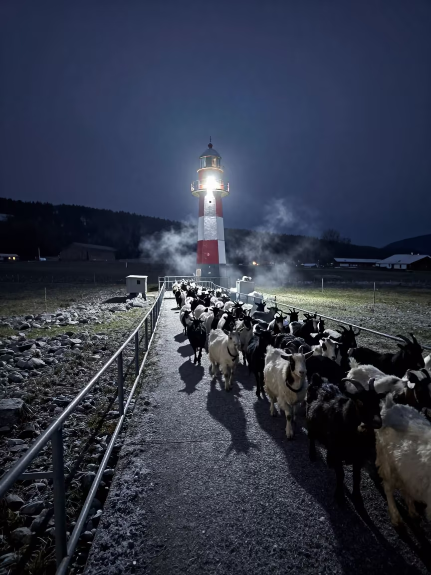 Goats Crossing Winter Stockyard Under Night Light in at a stockyard loading ramp in Austria