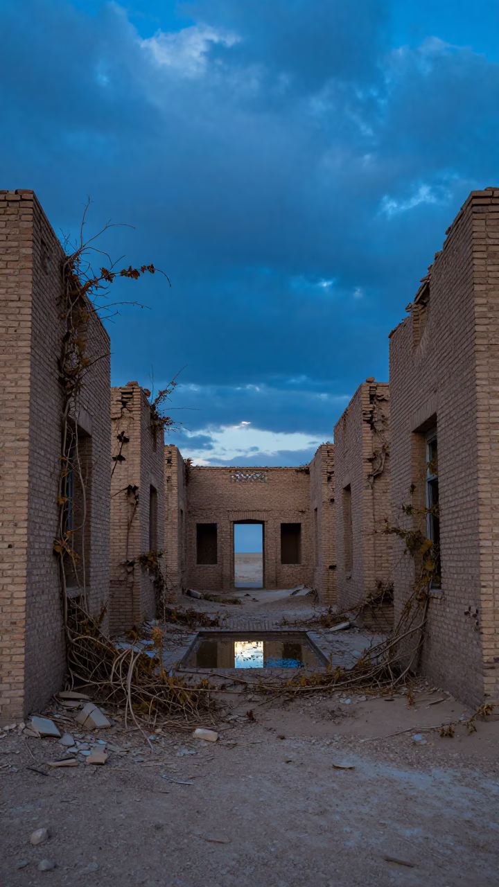 Gobi Desert Courthouse Ruin at Blue Hour in along a vine-choked corridor in the Gobi Desert