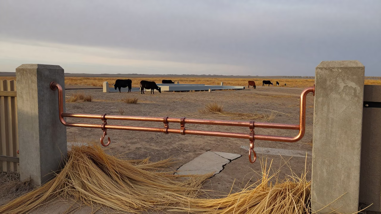 Gobi Pasture Gate Chain Hook Rail with Drifted Straw in near a windbreak and water trough in the Gobi Desert