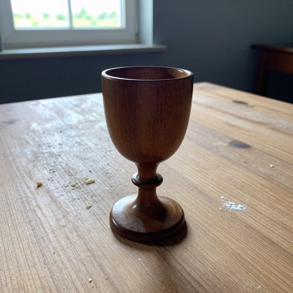 Goblet on Dusty Oak Table Near Warri in on a dusty library table near Warri