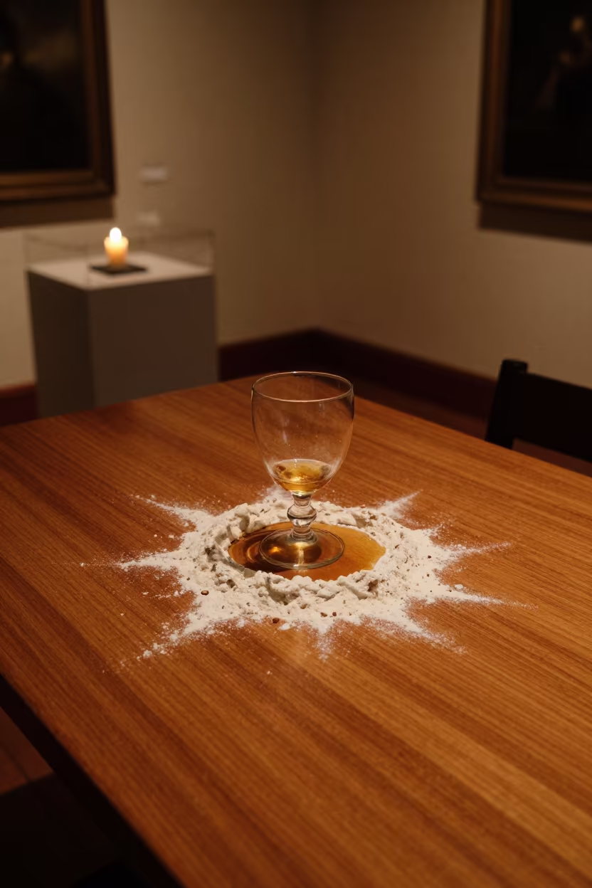 Goblet on Oak Table Amidst Crumbs in on a museum plinth in Ciudad del Carmen