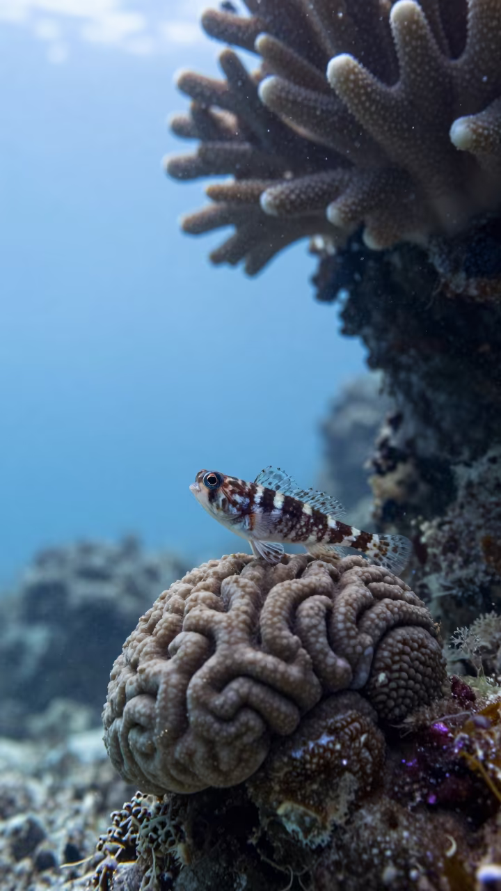 Goby on Brain Coral at Dawn in beside a volcanic reef overhang near Stone Town
