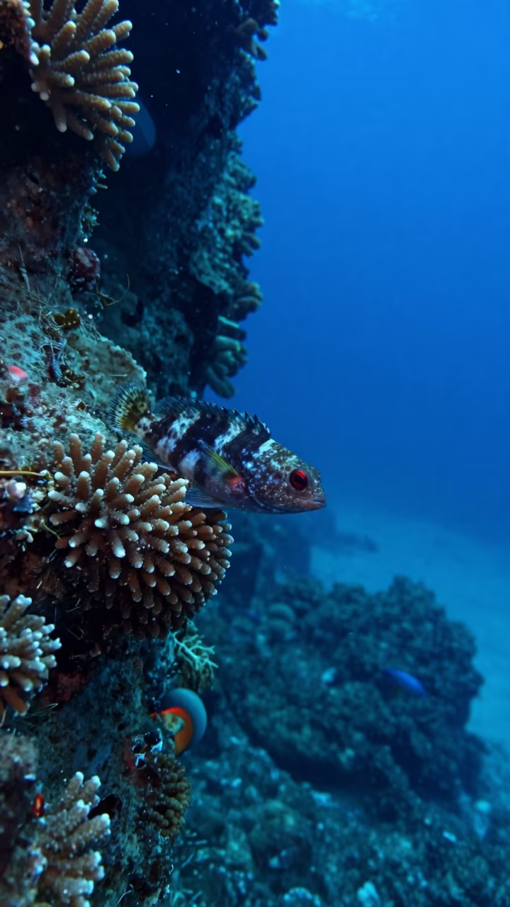 Goby on Brain Coral Lip in Denpasar Twilight in along a coral wall with blue water beyond near Denpasar