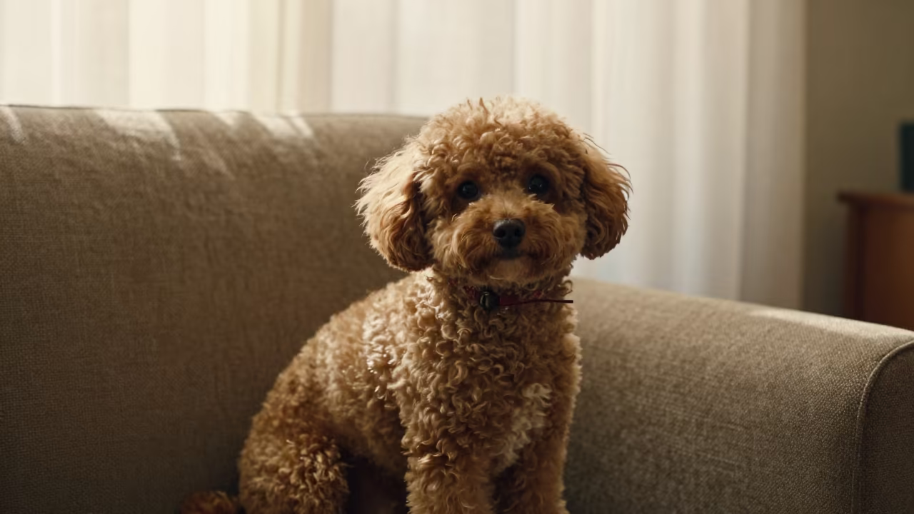 Goiania Teacup Poodle Portrait on Sofa in on a sofa near a curtained window with calm indoor light near Goiania