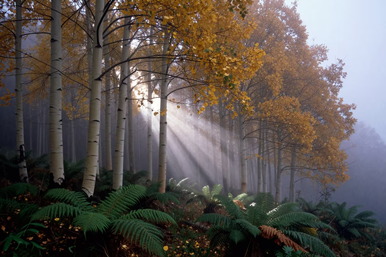 Gold Aspens in Dawn Mist Near Maracay in on a fern-lined forest floor near Maracay