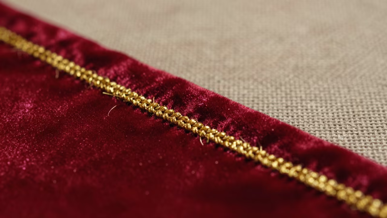 Gold Embroidery Stitches on Velvet in San Luis Potosí in against woven linen fibers in San Luis Potosí